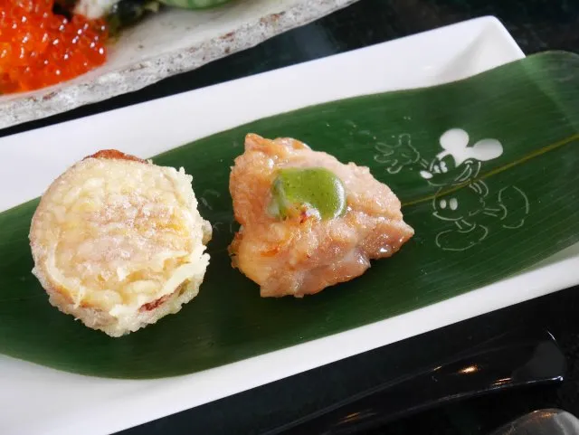 鶏の味噌焼き、煮玉子の天麩羅（レストラン櫻）