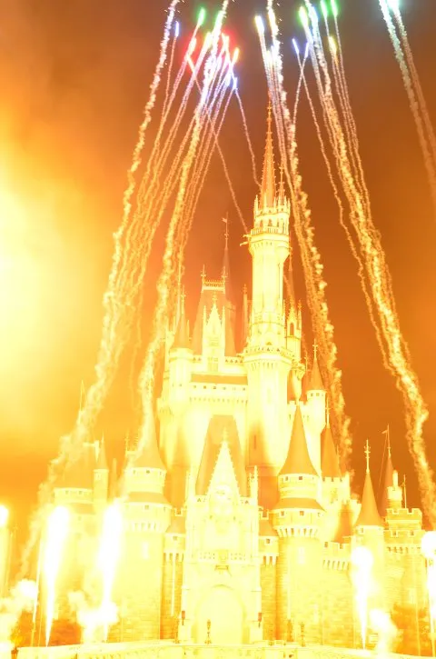 パイロと花火に照らされる城(Celebrate! Tokyo Disneyland)